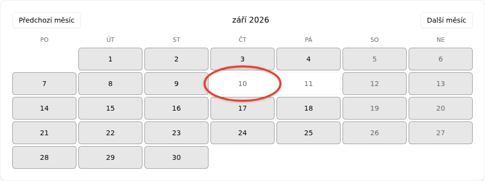 Kalendář docházky za září: všechny dny zvýrazněné kromě 10. a 11., které mají čárkovaný rámeček, s vyznačeným 10. dnem