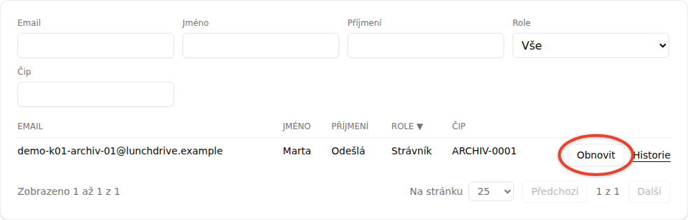 Řádek archivu s vyznačeným tlačítkem Obnovit na konci řádku