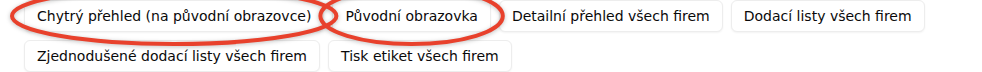 Řada tlačítek nad tabulkou Objednávek, zvýrazněná tlačítka Chytrý přehled a Původní obrazovka