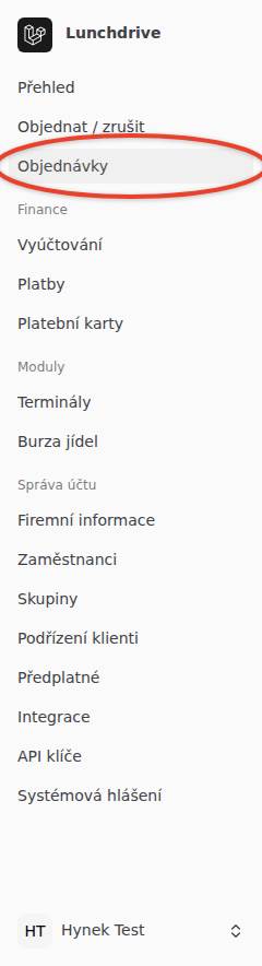 Levý panel klientské firmy s vyznačenou položkou Objednávky