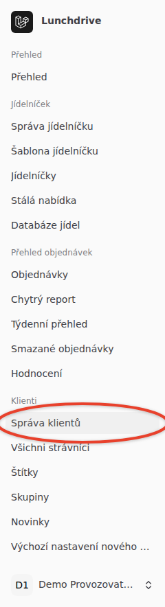 Levý panel nového vzhledu: položka Správa klientů ve skupině Klienti