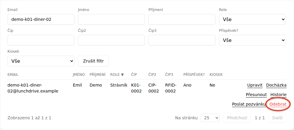Konec řádku v seznamu strávníků s vyznačeným tlačítkem Odebrat