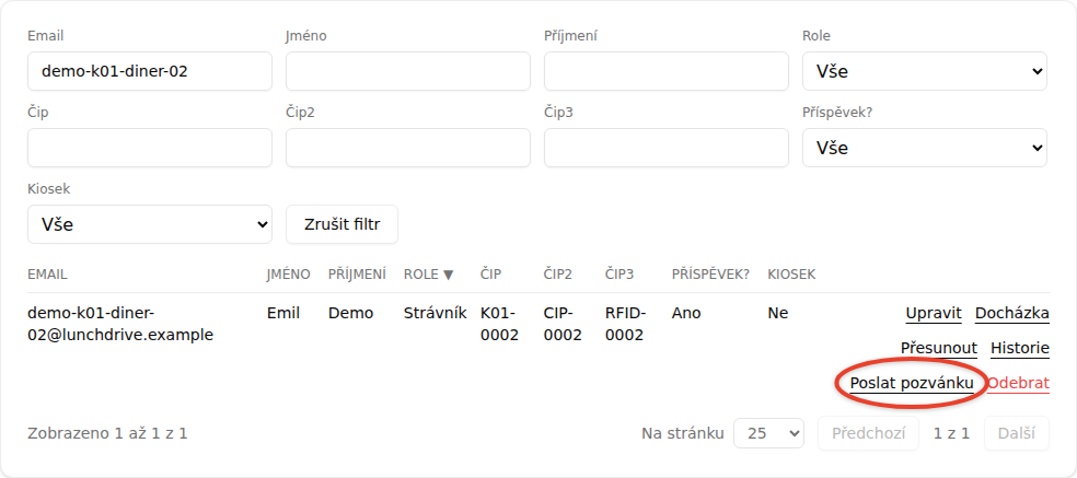 Konec řádku v seznamu strávníků s vyznačeným tlačítkem Poslat pozvánku