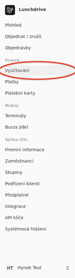 Postranní nabídka firmy se zvýrazněnou položkou Vyúčtování ve skupině Finance
