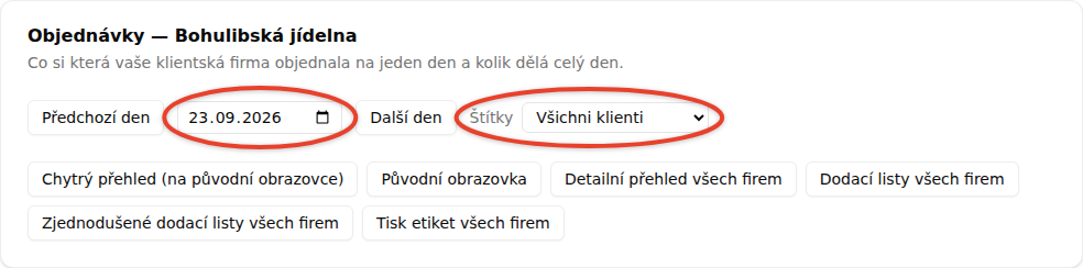 Hlavička obrazovky Objednávky se jménem provozovny, zvýrazněné pole s datem mezi tlačítky Předchozí den a Další den a zvýrazněný filtr Štítky, pod nimi řada tlačítek na původní obrazovku a na exporty