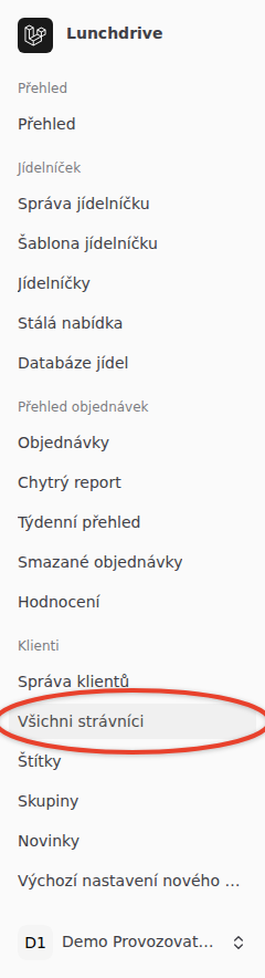 Levý panel nového vzhledu: zvýrazněná položka Všichni strávníci ve skupině Klienti